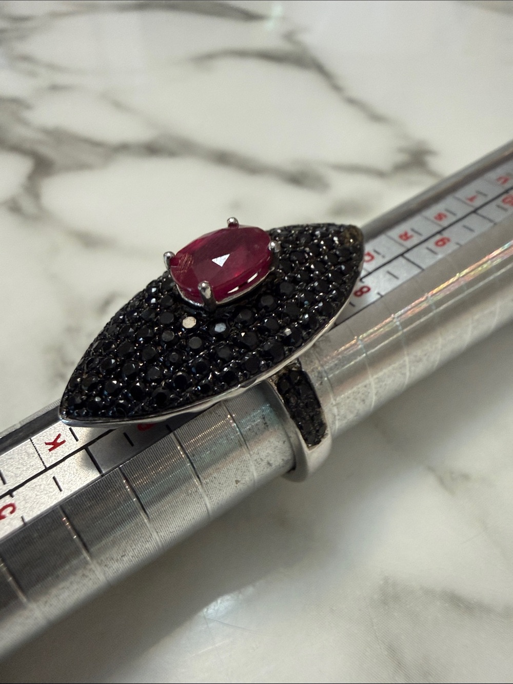 Rarities by Carol Brodie simulated ruby and black spinel and silver ring, size 7